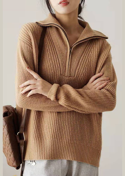 Khaki Zip Up Knit Sweater Tops Winter