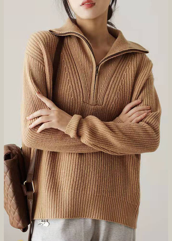 Khaki Zip Up Knit Sweater Tops Winter
