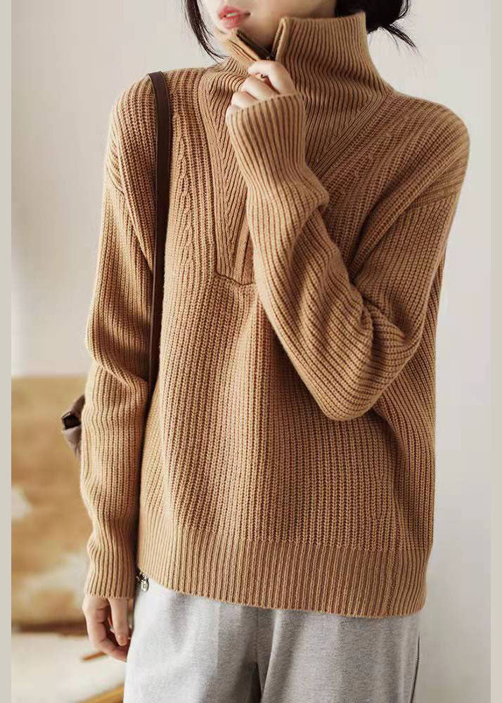 Khaki Zip Up Knit Sweater Tops Winter