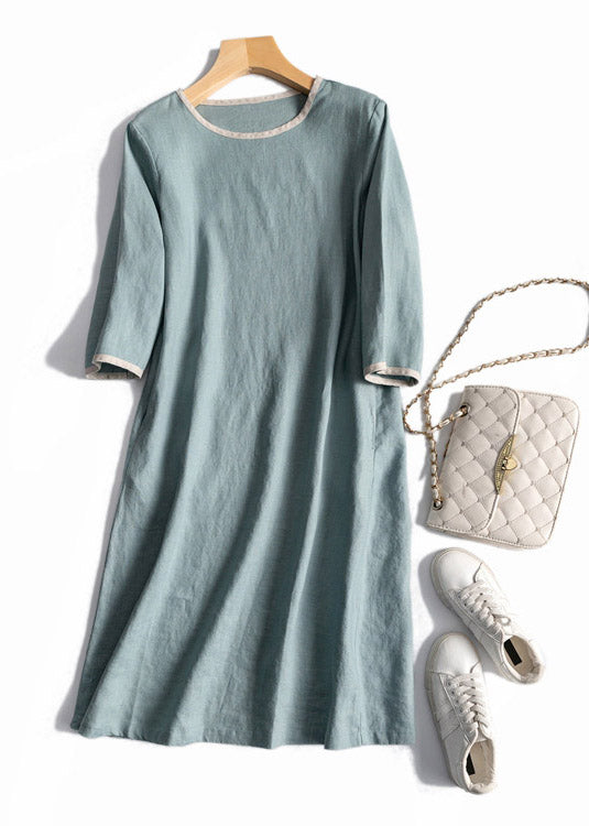 Light Blue O-neck Linen Dress Half Sleeve