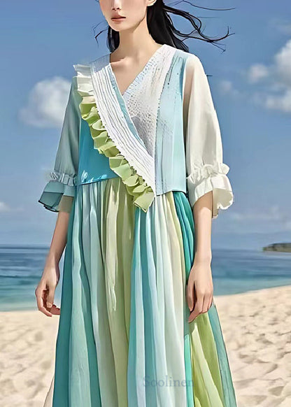 Light Blue Ruffled Patchwork Wrinkled Linen Dress Summer