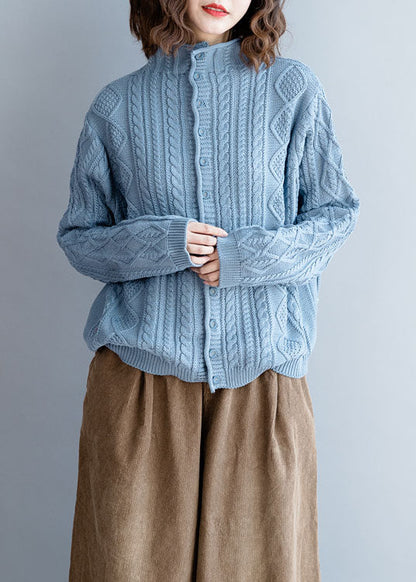 Light Blue Turtle Neck Button Woolen Knit Sweaters Spring
