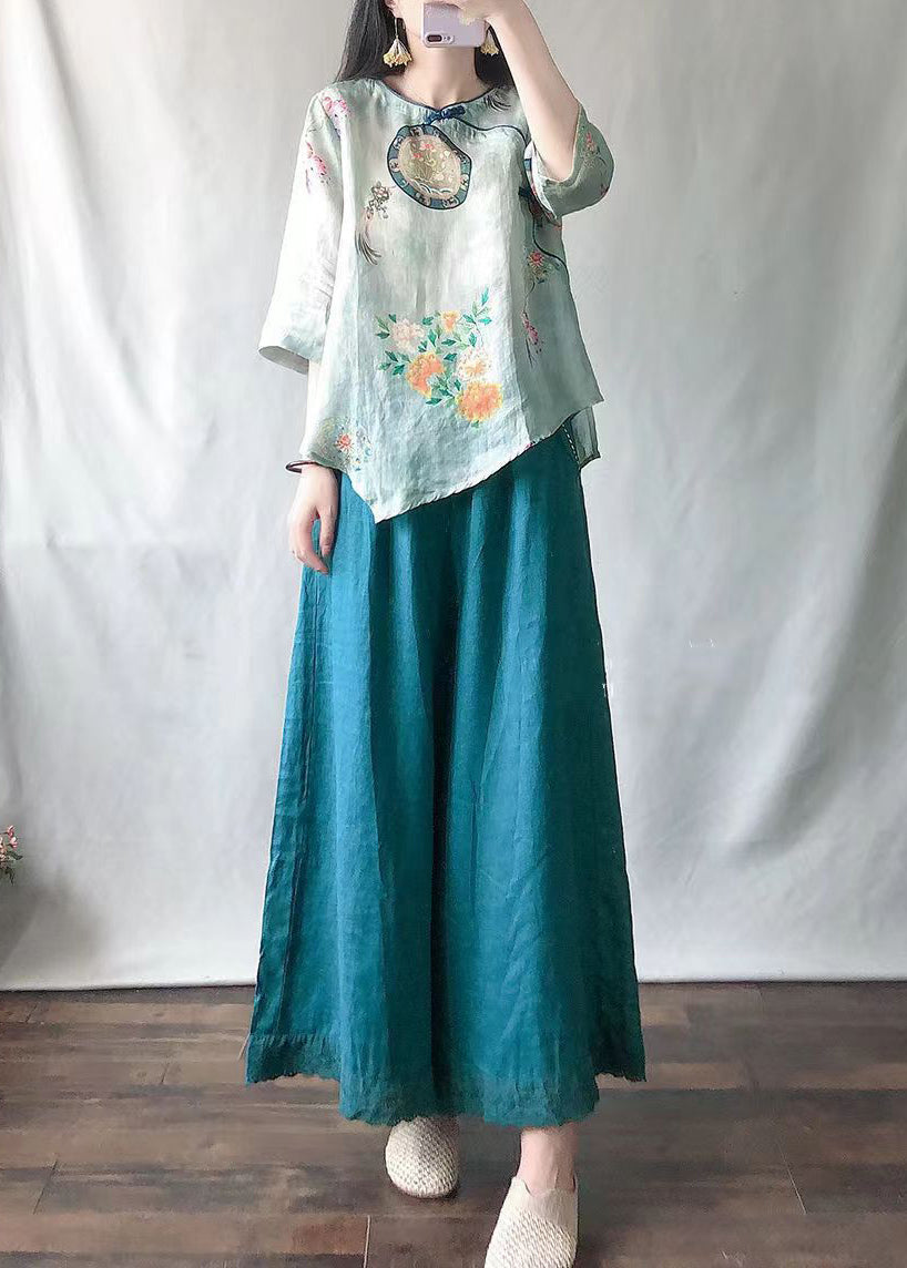 Light Green O-neck Print Shirts and Maxi Skirts Two Pieces Set Summer