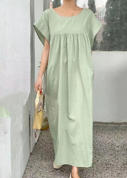 Light Green V Neck Wrinkled Patchwork Cotton Dresses Summer
