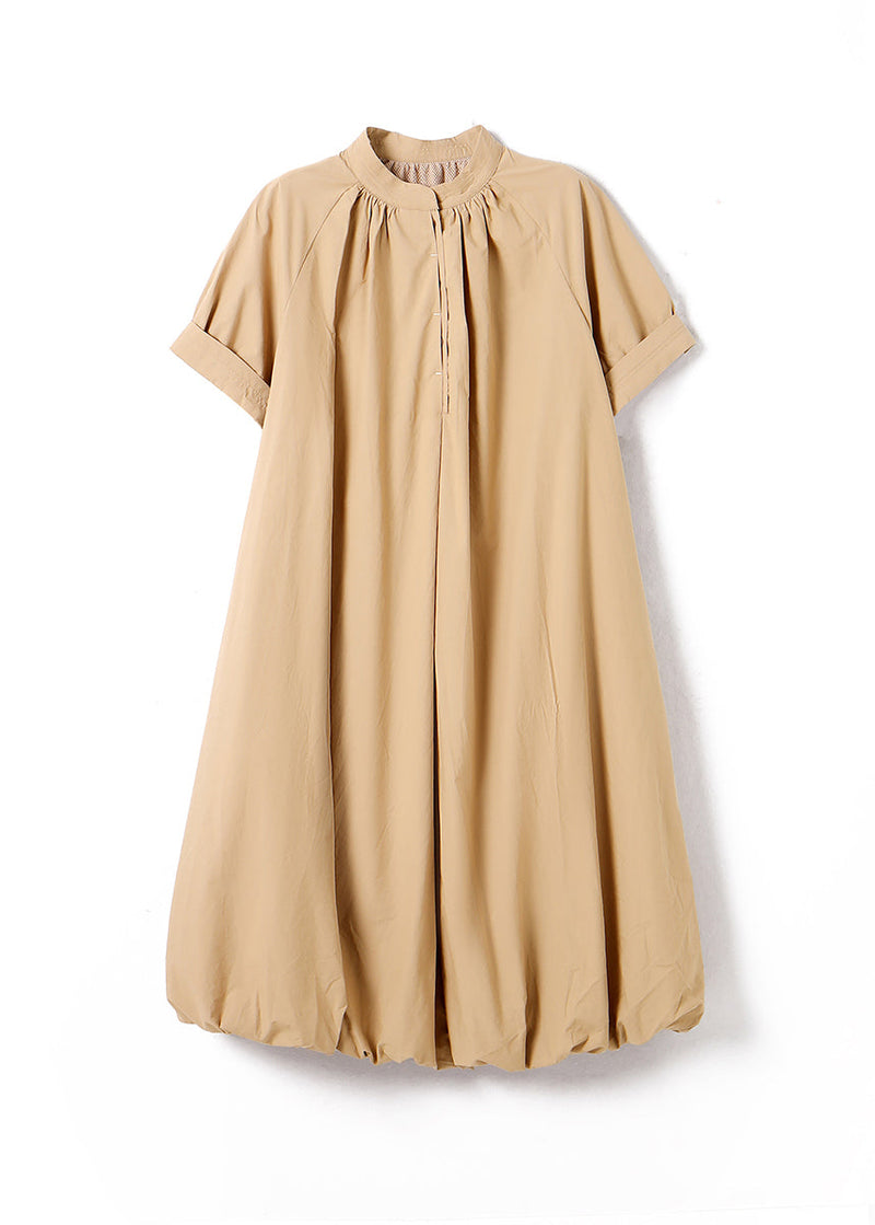 Light Grey Stand Collar Button Cotton Long Dress Summer
