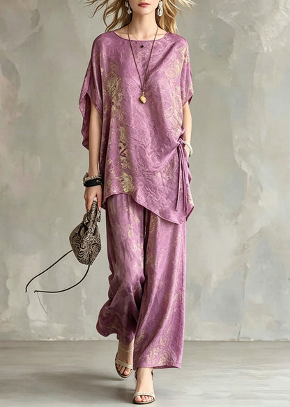Light Purple Asymmetrical Tie Waist Silk T Shirts and Wide Leg Pants Two Pieces Set Short Sleeve