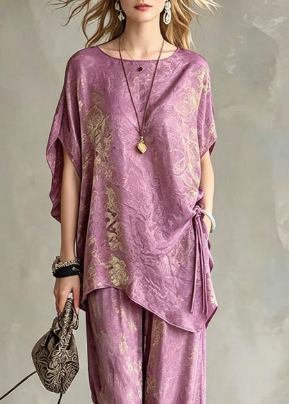 Light Purple Asymmetrical Tie Waist Silk T Shirts and Wide Leg Pants Two Pieces Set Short Sleeve