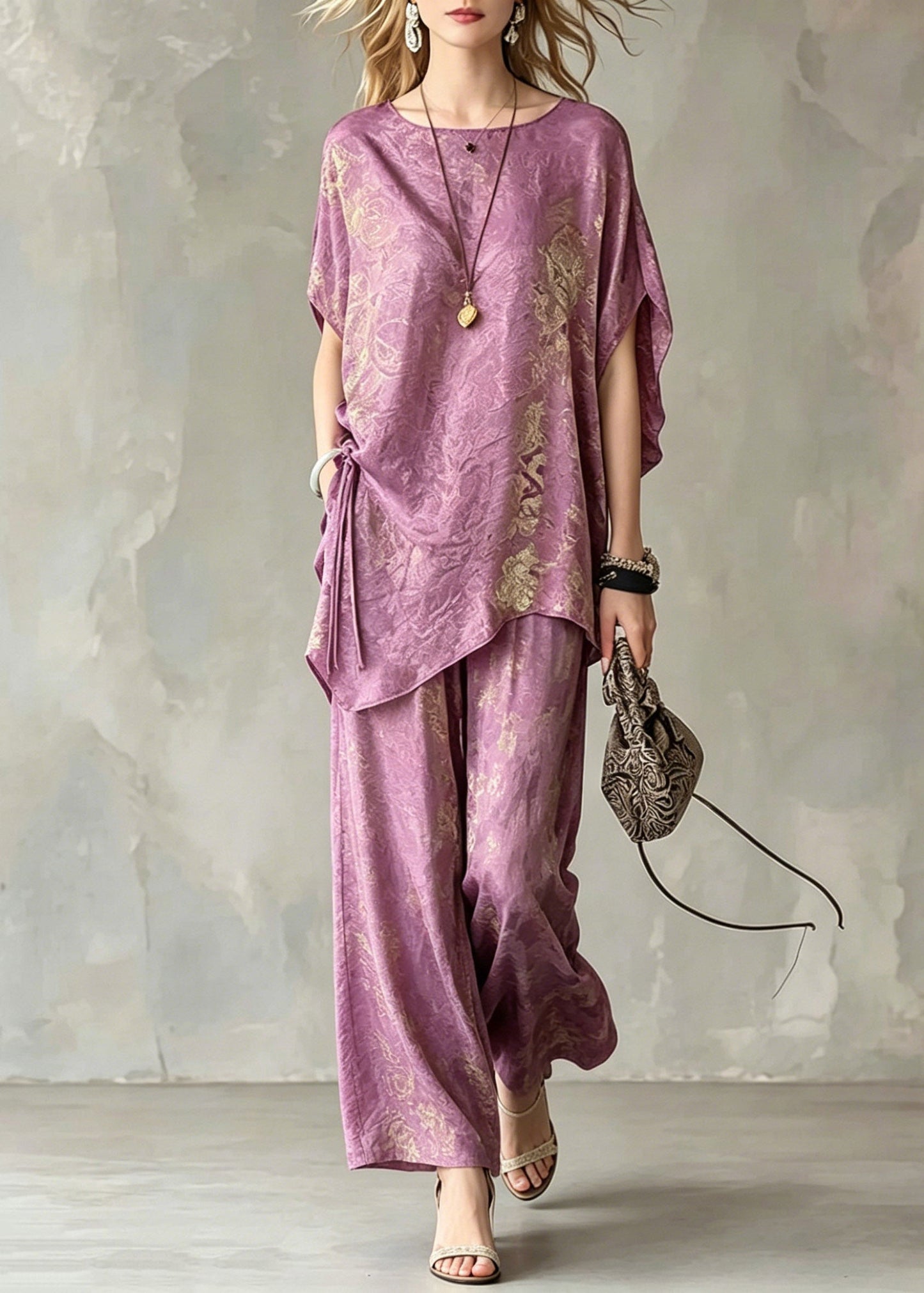 Light Purple Asymmetrical Tie Waist Silk T Shirts and Wide Leg Pants Two Pieces Set Short Sleeve