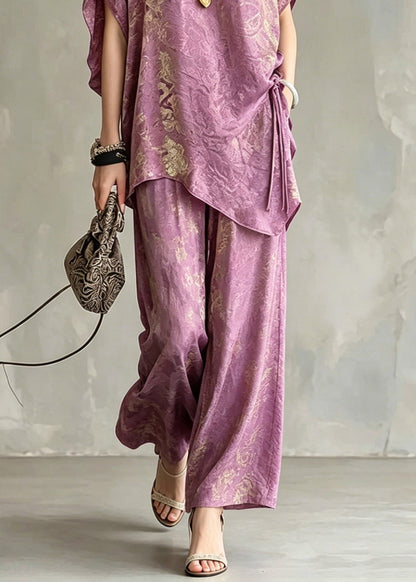 Light Purple Asymmetrical Tie Waist Silk T Shirts and Wide Leg Pants Two Pieces Set Short Sleeve