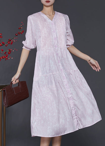 Light Purple Print Wrinkled Cotton Dress Summer
