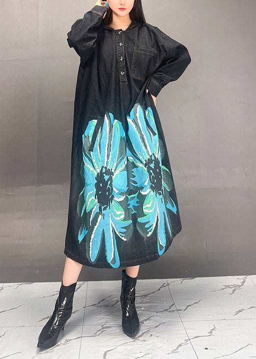 Loose Black Hooded Print Denim Long Dress Fall