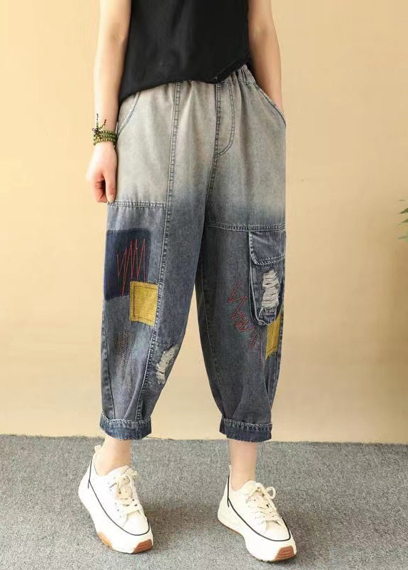 Loose Gradient Color Elastic Waist Ripped Jeans Summer