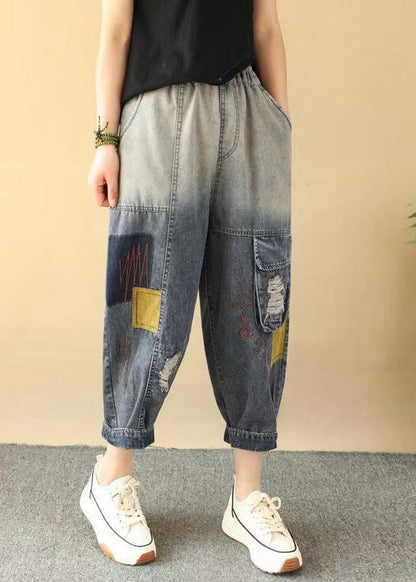 Loose Gradient Color Elastic Waist Ripped Jeans Summer