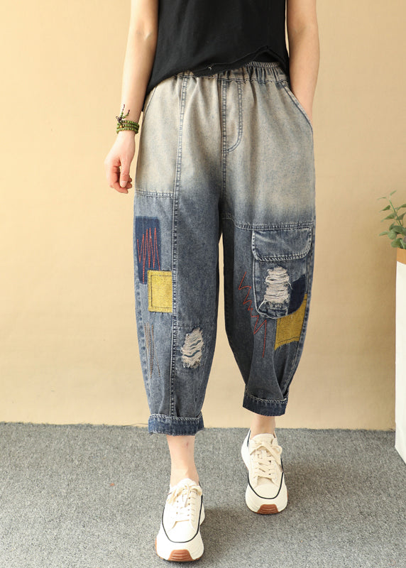 Loose Gradient Color Elastic Waist Ripped Jeans Summer