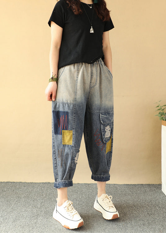 Loose Gradient Color Elastic Waist Ripped Jeans Summer