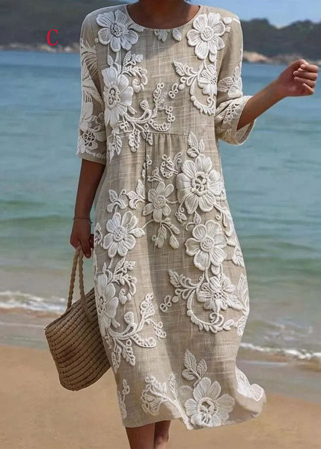 Loose O Neck Print Cotton Long Dress Summer