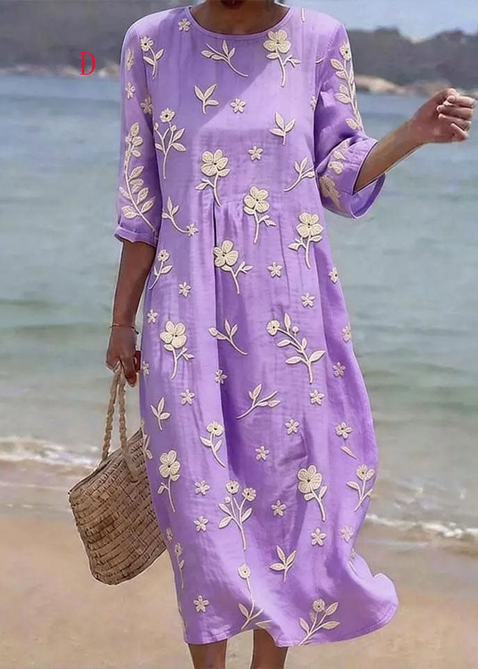 Loose O Neck Print Cotton Long Dress Summer