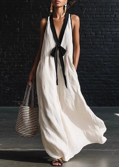 Loose White V Neck Patchwork Cotton Dresses Sleeveless