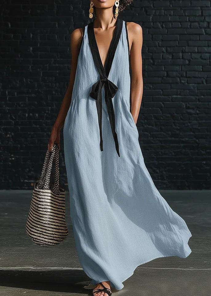 Loose White V Neck Patchwork Cotton Dresses Sleeveless