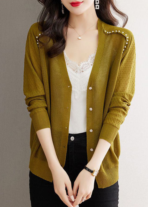 Matcha Colour V Neck Nail Bead Button Ice Size Knit Cardigan Summer