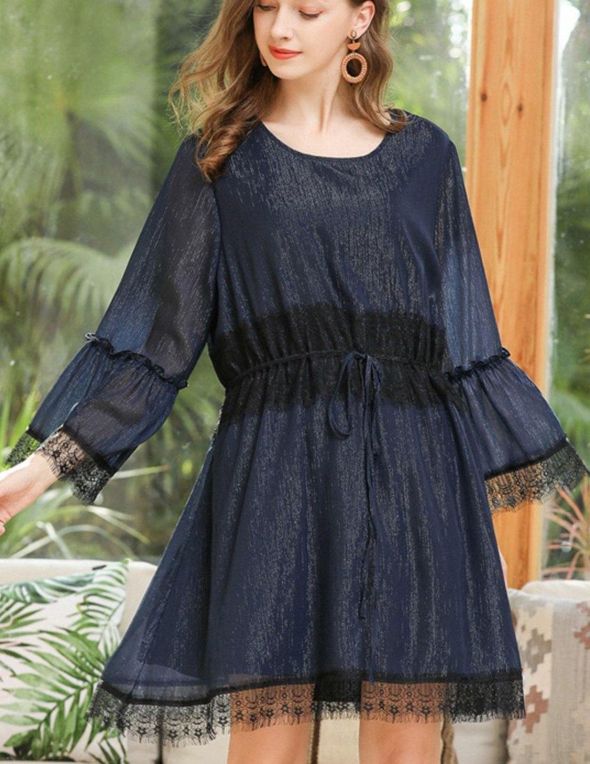 Navy O-neck Chiffon Flare Sleeve Spring Mid Dress