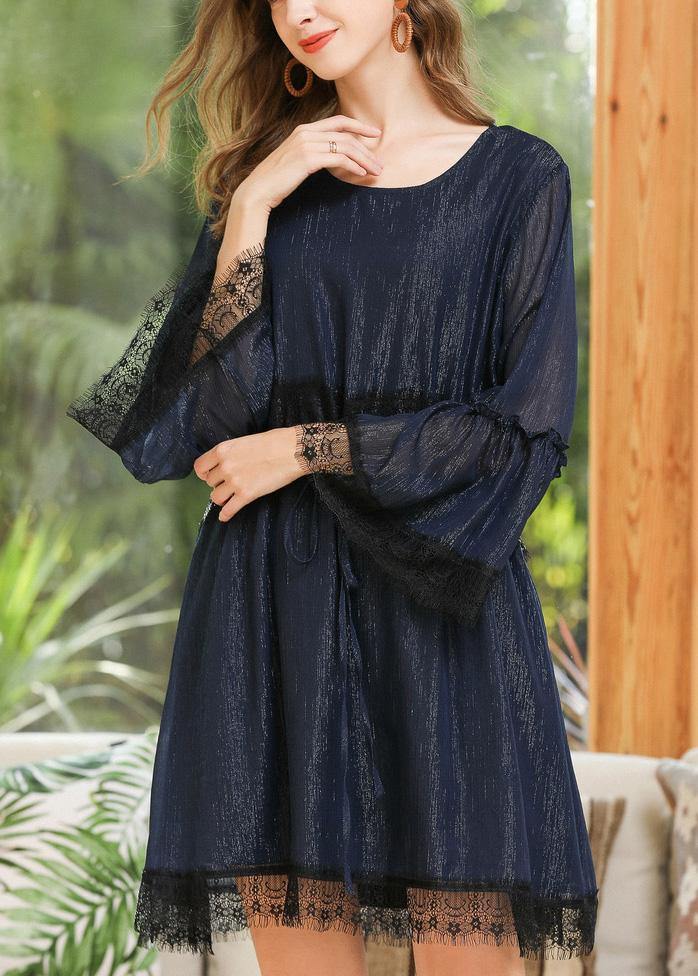 Navy O-neck Chiffon Flare Sleeve Spring Mid Dress
