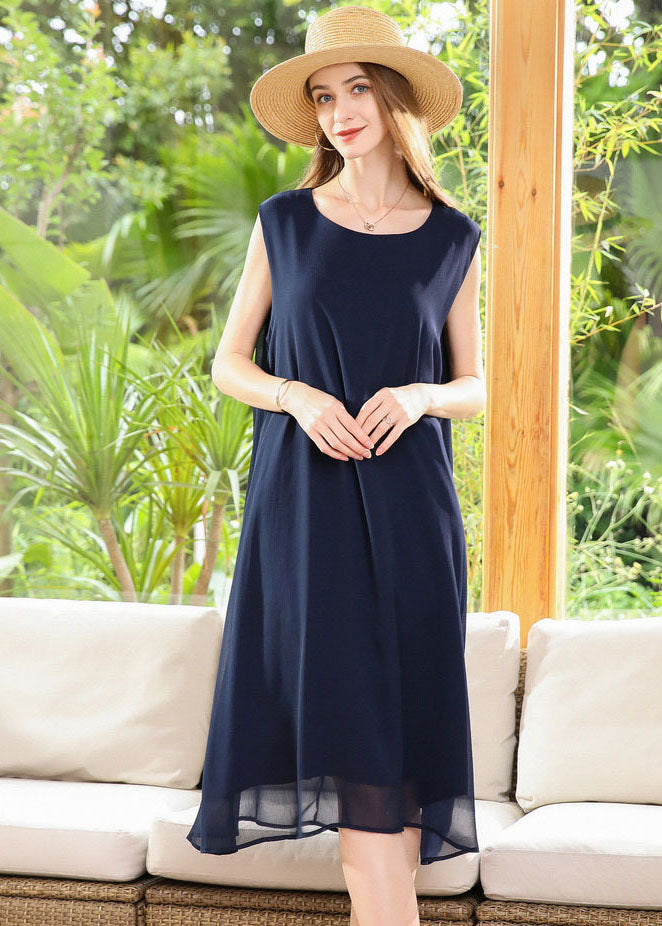 Navy O-neck Oversized Chiffon Long Dress Sleeveless