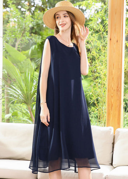 Navy O-neck Oversized Chiffon Long Dress Sleeveless