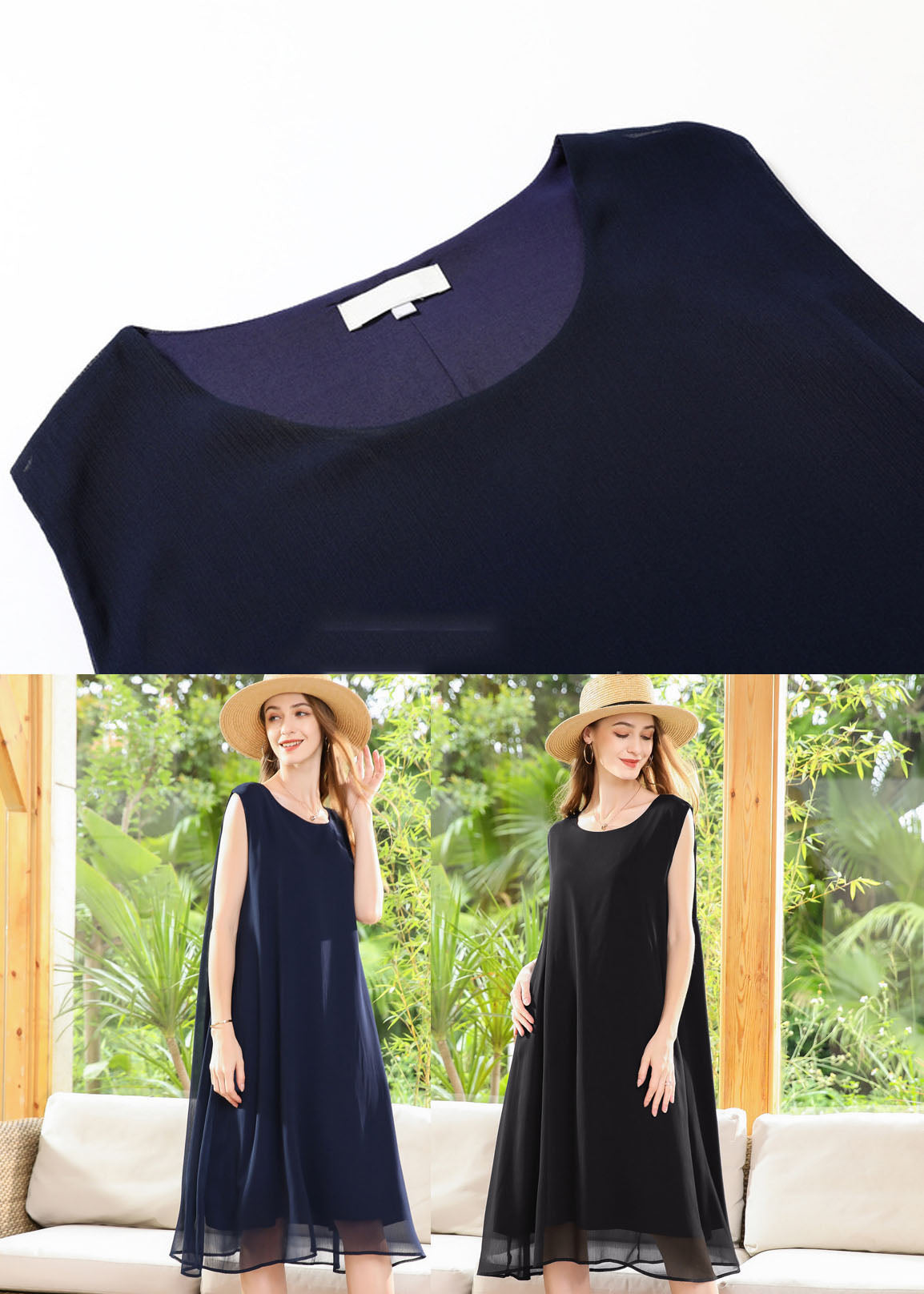 Navy O-neck Oversized Chiffon Long Dress Sleeveless