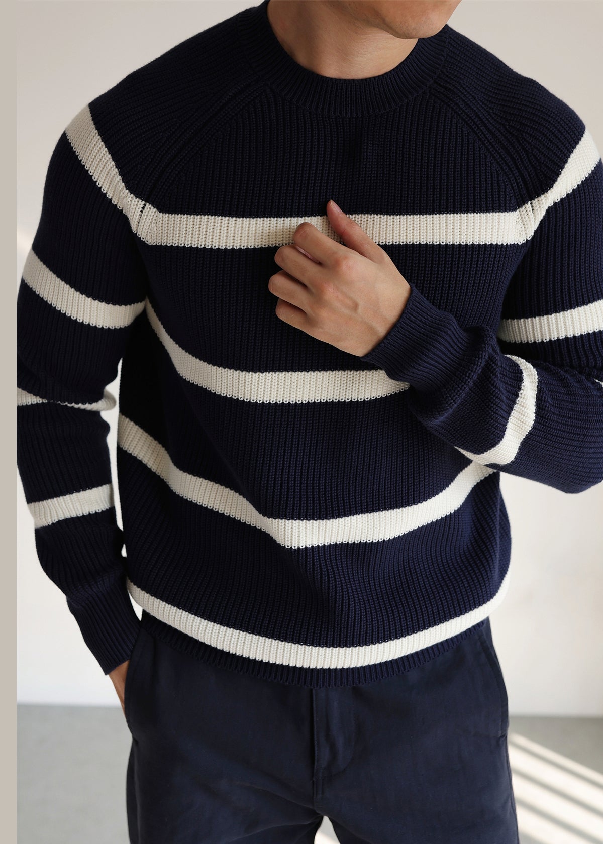 Navy O Neck Striped Cozy Knit Sweaters Winter