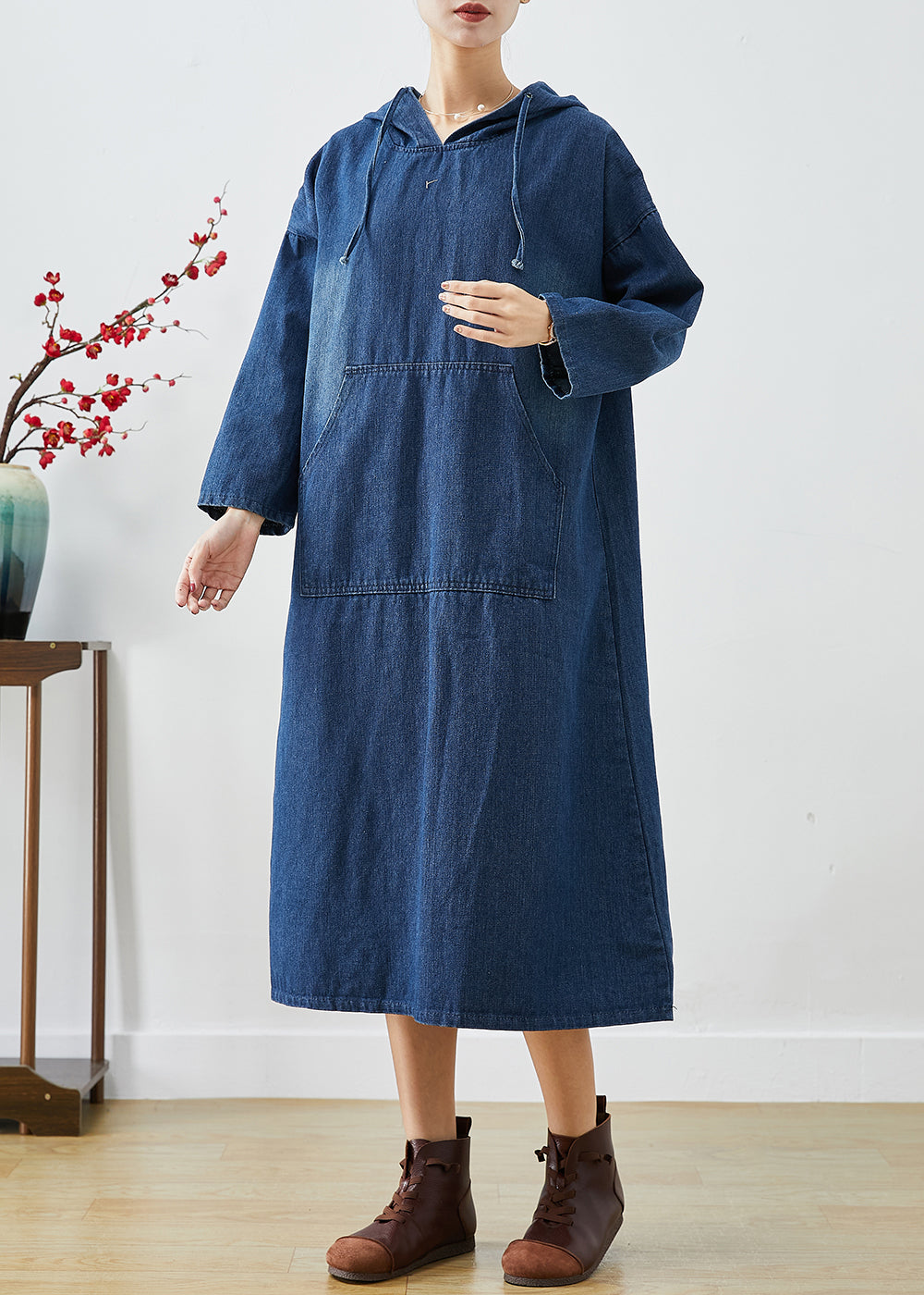 Navy Oversized Hooded Denim Vacation Dresses Fall