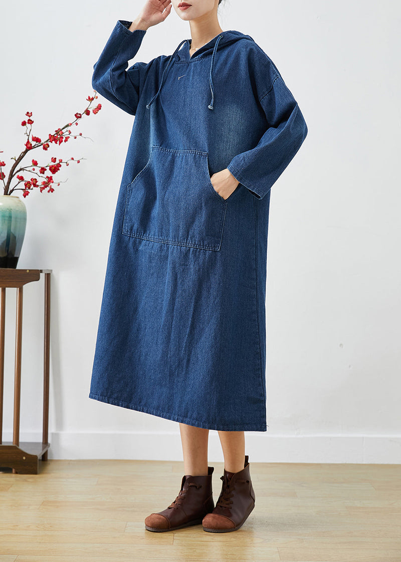 Navy Oversized Hooded Denim Vacation Dresses Fall