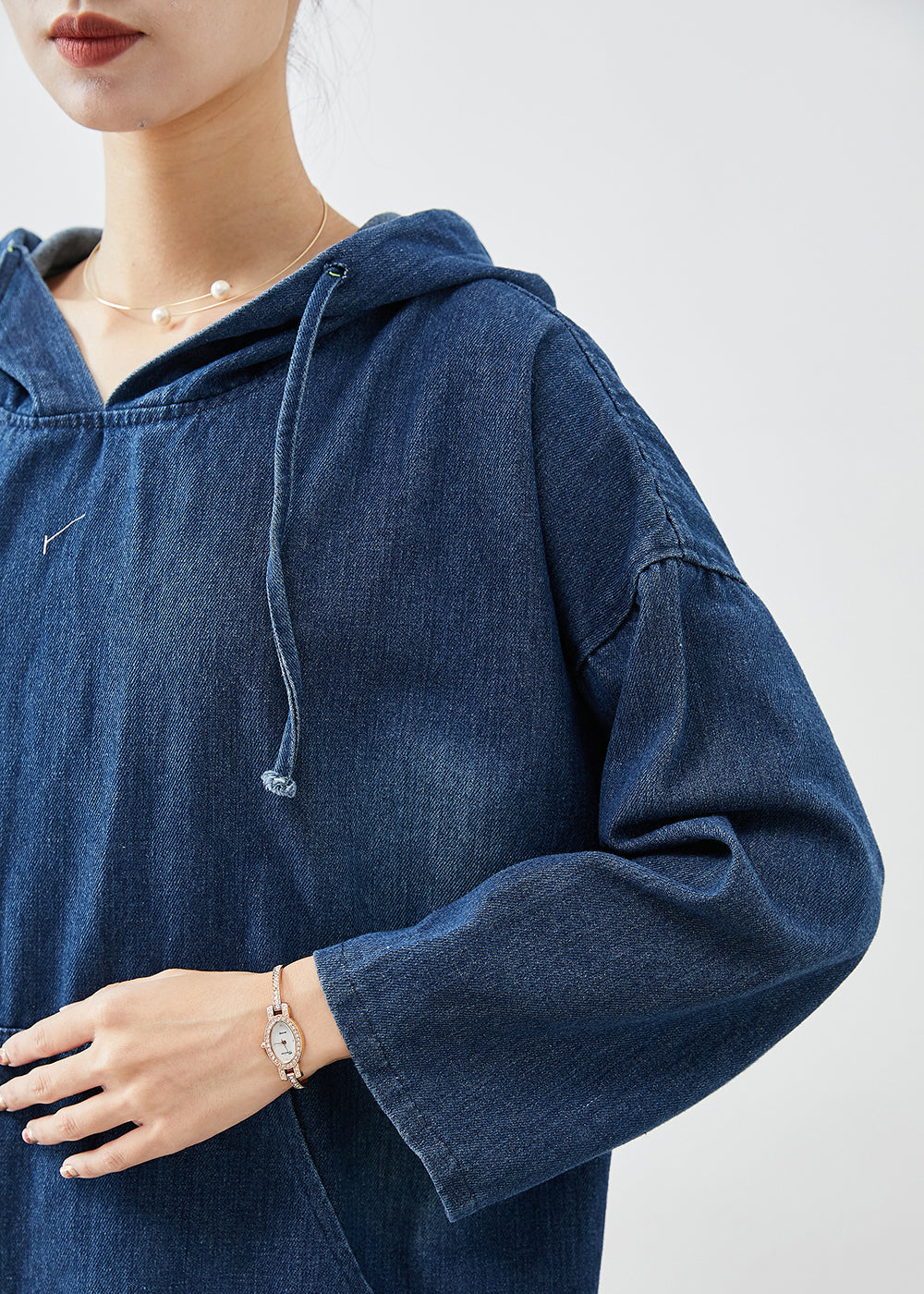 Navy Oversized Hooded Denim Vacation Dresses Fall