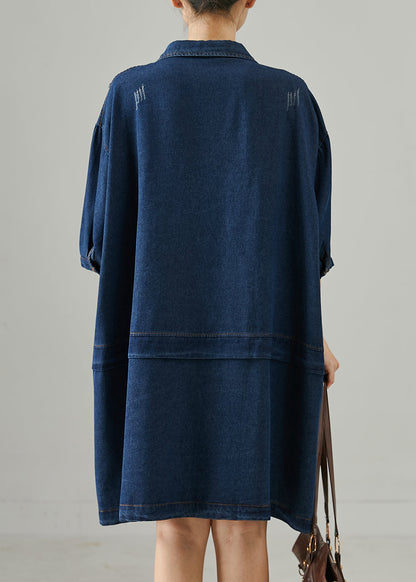 Navy Oversized Patchwork Denim Ripped Dresses Summer