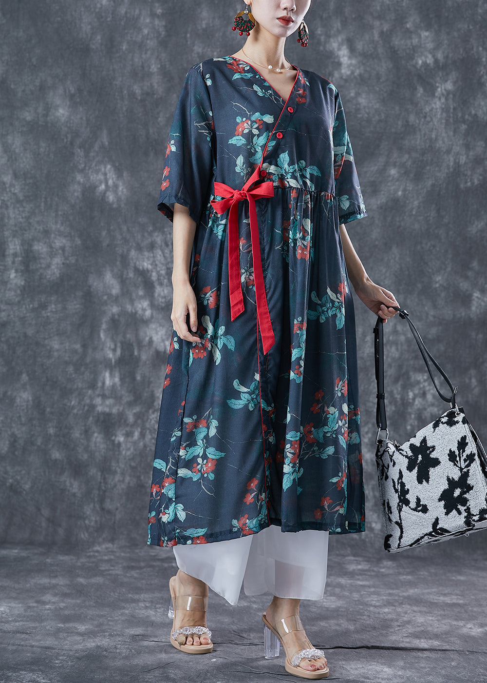Navy Oversized Print Lace Up Linen Dresses Summer