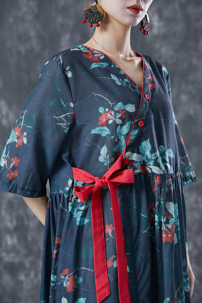 Navy Oversized Print Lace Up Linen Dresses Summer