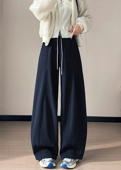 Navy Patchwork Warm Fleece Wide Leg Pants Oversized Winter