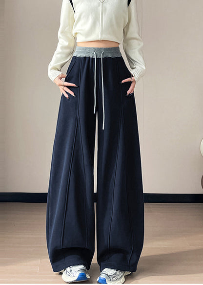 Navy Patchwork Warm Fleece Wide Leg Pants Oversized Winter