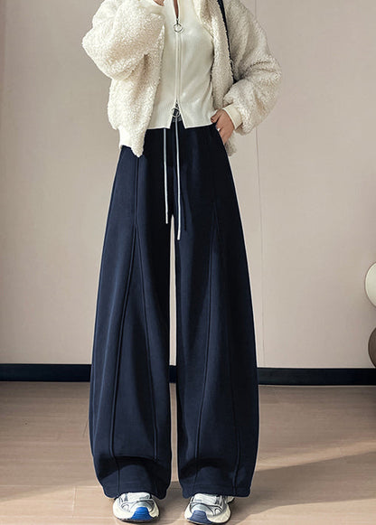 Navy Patchwork Warm Fleece Wide Leg Pants Oversized Winter