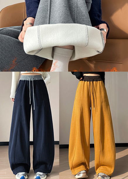 Navy Patchwork Warm Fleece Wide Leg Pants Oversized Winter