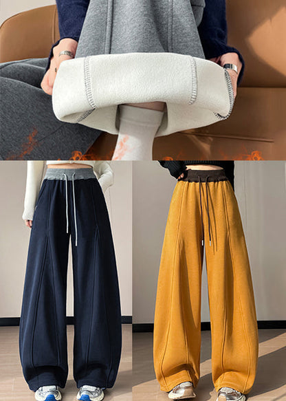 Navy Patchwork Warm Fleece Wide Leg Pants Oversized Winter