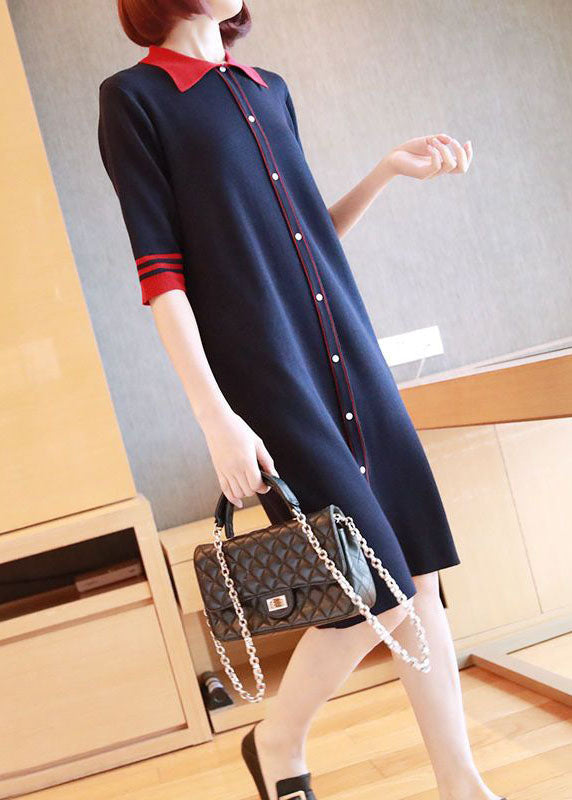 Navy Peter Pan Collar Button Knitted Dresses Half Sleeve