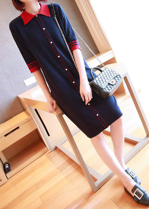 Navy Peter Pan Collar Button Knitted Dresses Half Sleeve