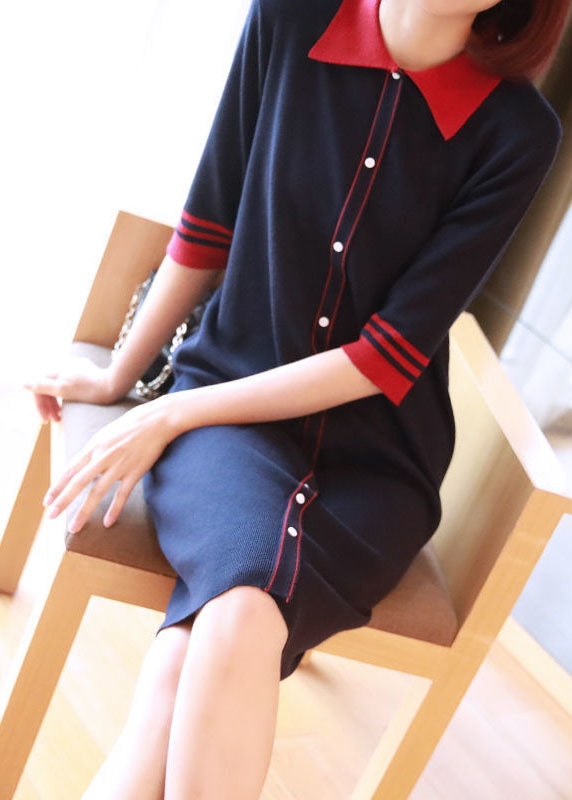 Navy Peter Pan Collar Button Knitted Dresses Half Sleeve
