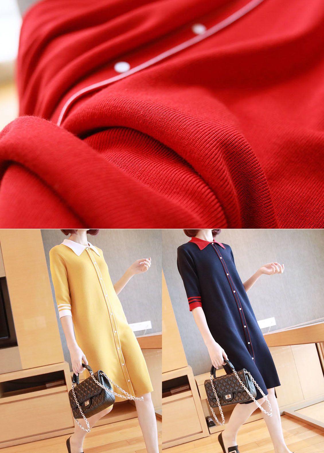 Navy Peter Pan Collar Button Knitted Dresses Half Sleeve