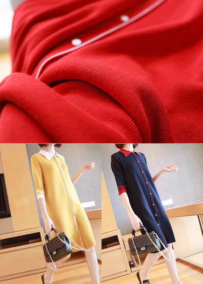 Navy Peter Pan Collar Button Knitted Dresses Half Sleeve