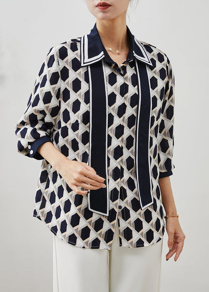 Navy Peter Pan Collar Print Chiffon Blouses Summer