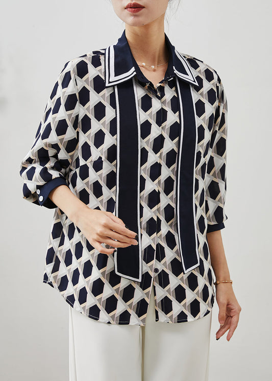 Navy Peter Pan Collar Print Chiffon Blouses Summer