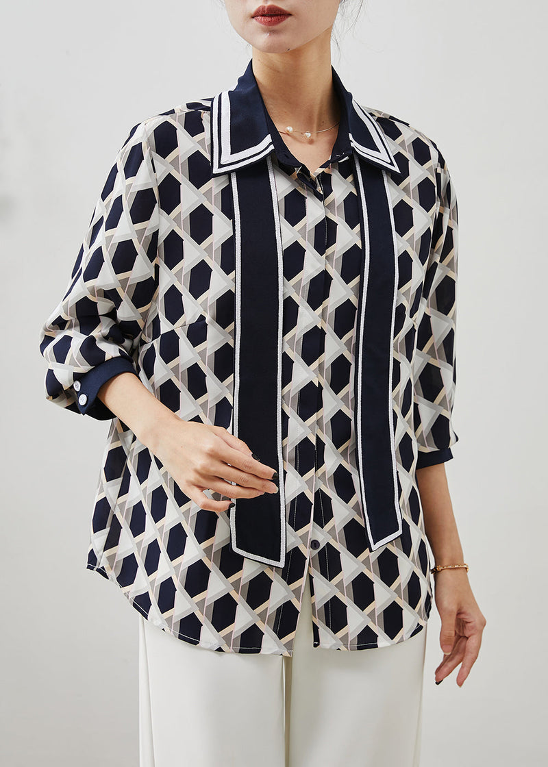 Navy Peter Pan Collar Print Chiffon Blouses Summer