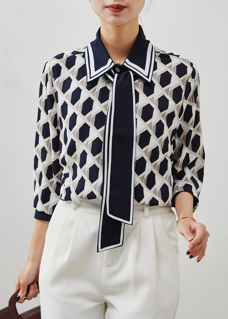 Navy Peter Pan Collar Print Chiffon Blouses Summer